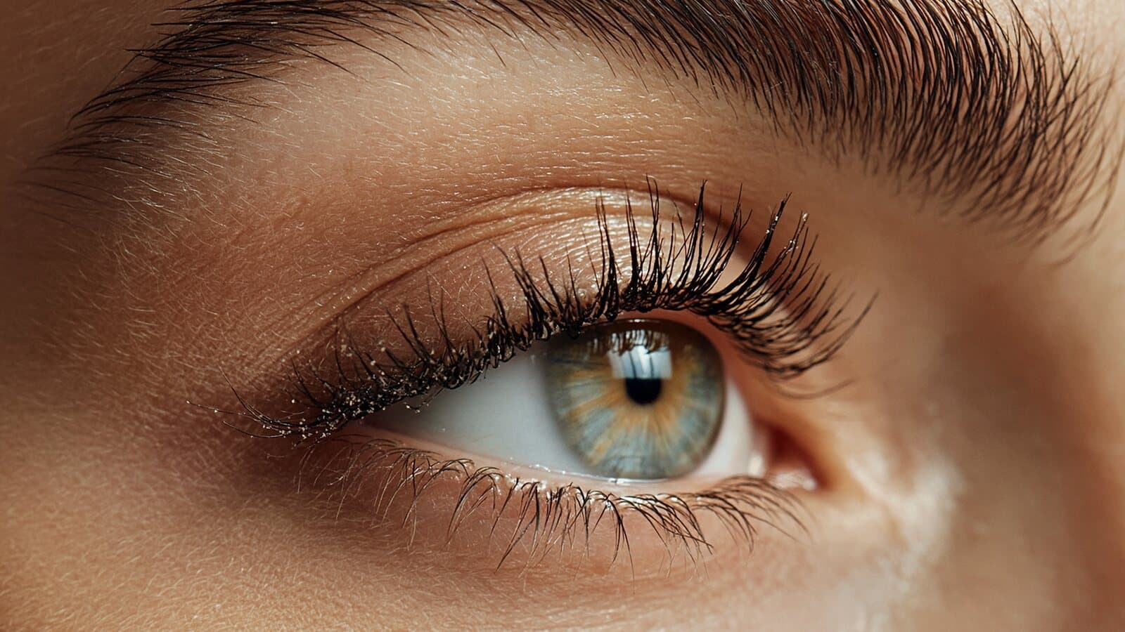 Macro close-up of an eye, lashes, and brow with visible lash-line buildup — cleaning eyelash extensions and the lash line with Prospela eyelid cleanser